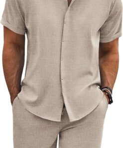 COOFANDY Men’s Summer Beach Outfits 2 Piece Short Sleeve Shirts and Shorts Vacation Texture Linen Sets for Men