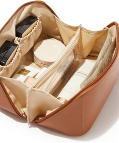 EACHY Travel Makeup Bag,Large Capacity Cosmetic Bags for Women,Waterproof Portable Pouch Open Flat Toiletry Bag Make up Organizer with Divider and Handle