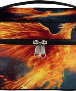 Fire Phoenix Night Makeup Bag Cosmetic Bag Portable Makeup Case Organizer Toiletry Bags for Women Daily Traveling With Handle Grids Smooth Zipper Divider Makeup Pouch