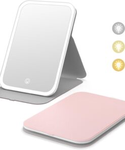 Kintion Travel Makeup Mirror, Portable LED Lighted Makeup Mirror, 360° Rotation Touch Screen Vanity Mirror, 60 LEDs, 3-Color Dimmable Lighting, Rechargeable Tabletop Folding Cosmetic Mirror, Pink