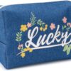 Lucky Brand Women’s Makeup Bag Boho Aesthetic Travel Size Toiletries Organizer Pouch Flower Blue Denim