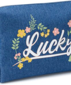 Lucky Brand Women’s Makeup Bag Boho Aesthetic Travel Size Toiletries Organizer Pouch Flower Blue Denim