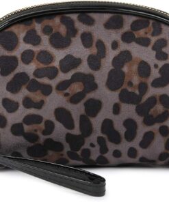 Multifunction Travel Cosmetic Makeup Pouch Bag – Print Toiletry Purse Metallic Zip Clutch, Striped Wristlet, Leopard (Round – Animal Print Gray)