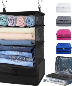 Portable Hanging Travel Shelves Bag, Travel Packing Cube Organizer, Large Capacity Carry-On Closet, Foldable Suitcase Storage with 4 Compartments (Black)