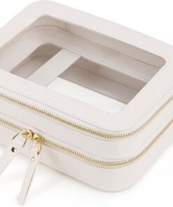 Prite Double Layer Makeup Bag for Women Portable Clear Makeup Bag Cute Waterproof Travel Cosmetic Bag with Gold Zipper for Car Essentials(Beige)