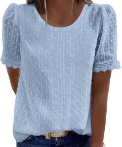 SMIDOW Women Summer 2023 Chiffon Shirts Lace Trim Short Sleeve Round Neck t-Shirt Swiss Dot Business Casual Tops Blouse