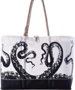 Sea Bags Recycled Sail Cloth Octopus Beach Tote Water Resistant Boating Beach Bag, Large Travel Tote Interior and Exterior Pockets