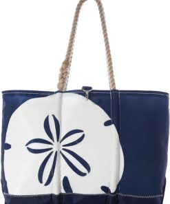 Sea Bags Recycled Sail Cloth White on Navy Sand Dollar Beach Tote Water Resistant Boating Beach Bag, Large Travel Tote Interior and Exterior Pockets