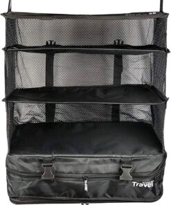 Stow-N-Go Portable Hanging Travel Shelves, Packing Organizer for Luggage. Carry on Closet for Clothes. Expandable Packing Cube. Travel Essentials. (Black – XL, XL = (L) 17.7″ x (W) 11.8″)