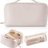 Vlando Travel Makeup Bag, Make up Bag Travel Toiletry Bag for Women Open Flat Makeup Organizer with Divider and Handle,Gift Ideas for Women Wife-White