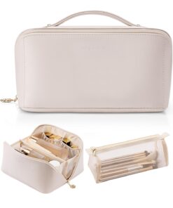 Vlando Travel Makeup Bag, Make up Bag Travel Toiletry Bag for Women Open Flat Makeup Organizer with Divider and Handle,Gift Ideas for Women Wife-White