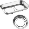 2 PCS Large Magnetic Tray Holders, 5.4″×9.4″ Stainless Steel Square & 4″ Round Magnetic Parts Tray Set, Heavy Duty Thickened Tray Bowl for Screws Bolts Nuts Metal Parts, Car Accessories