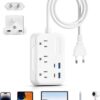BESTEK European Travel Plug Adapter: UK Travel Plug Adapter- US to UK Europe Travel Power Strip with 20W USB C Charger – 3 AC Outlets, 4 USB Ports (White)