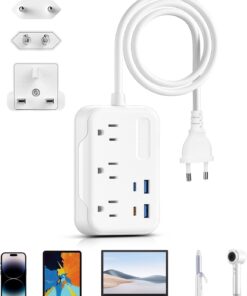 BESTEK European Travel Plug Adapter: UK Travel Plug Adapter- US to UK Europe Travel Power Strip with 20W USB C Charger – 3 AC Outlets, 4 USB Ports (White)