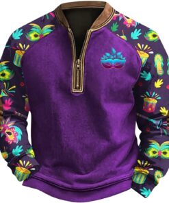 Mardi Gras Outfit for Men Carnival Long Sleeve 1/4 Zip Stand Collar Polo Shirt Purple Mask Printed Slim Fit Pullover