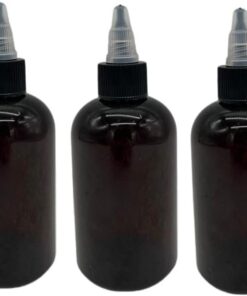 Natural Farms 4 oz Plastic Amber Boston BPA FREE Bottles – 3 Pack Empty Refillable Containers – Essential Oils – Aromatherapy – Black/Natural Twist Open/Close Cap – Made in the USA