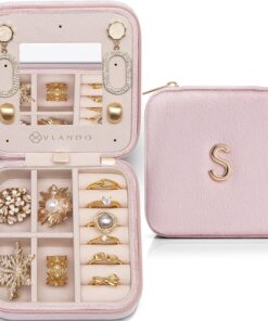 Vlando Travel Jewelry Organizer for Women, Travel Jewelry Organizer, Necklace Organizer Earrings Ring Organizer, Travel Christmas Gifts for Women Travel Essentials – Letter S, Pink