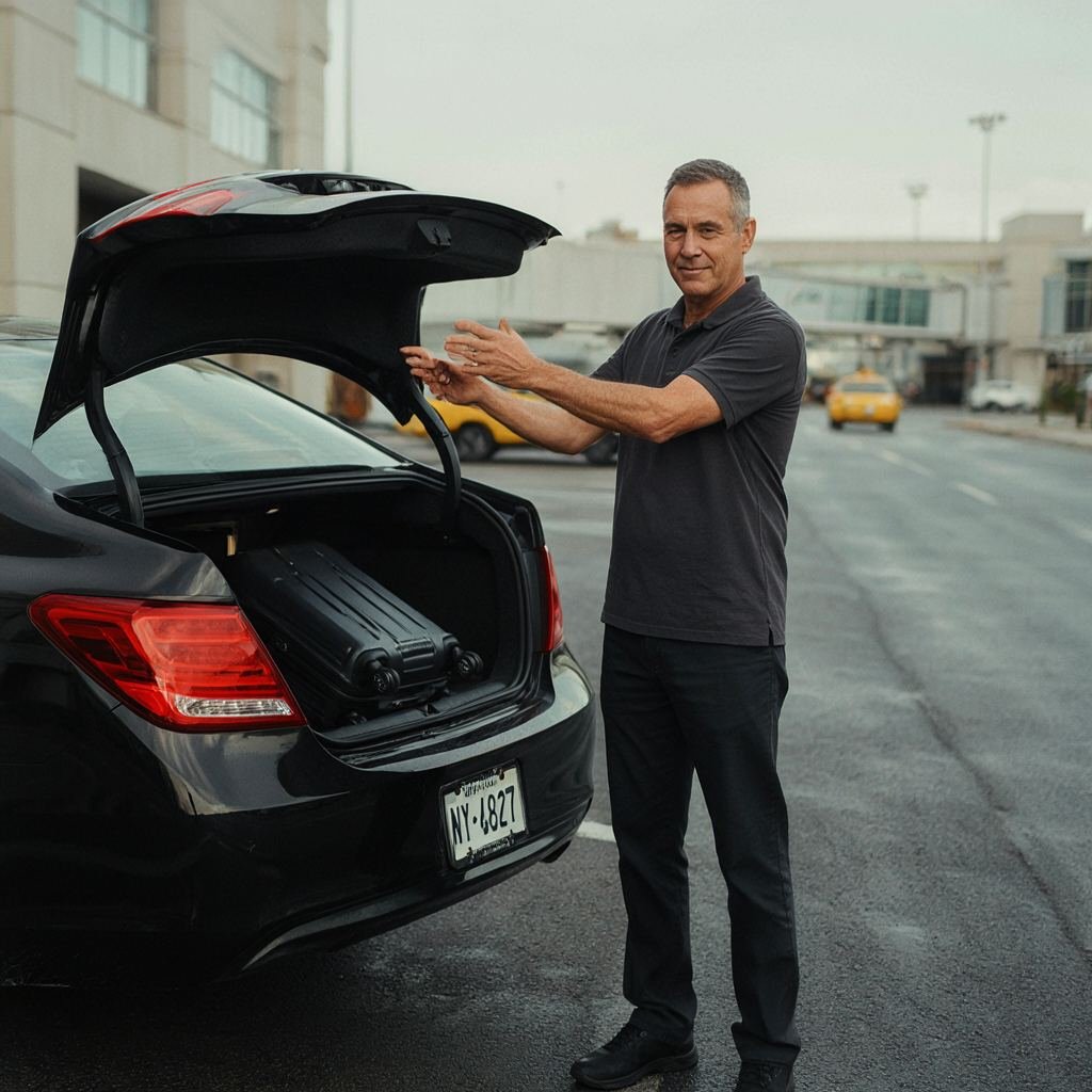 Airport transfer driver loading a traveler's suitcase into the trunk of a car outside a terminal