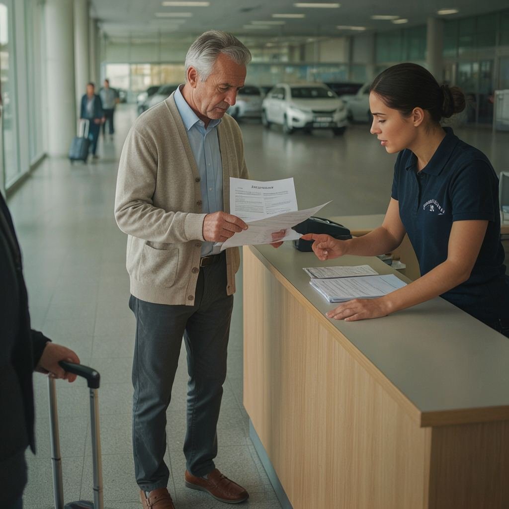 Senior traveler reviewing a rental agreement