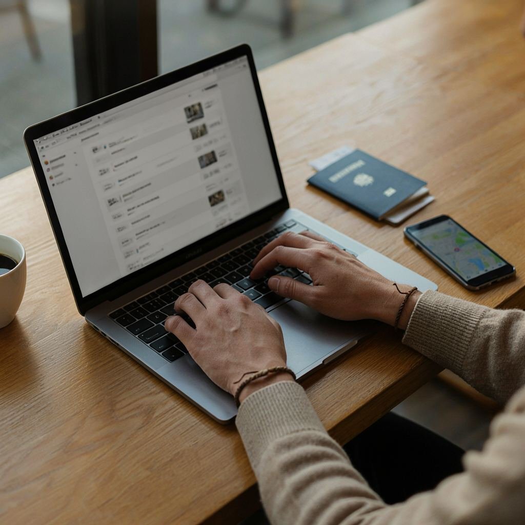 Traveler typing on a laptop showing a hotel search results page, with a phone map app and passport on the table