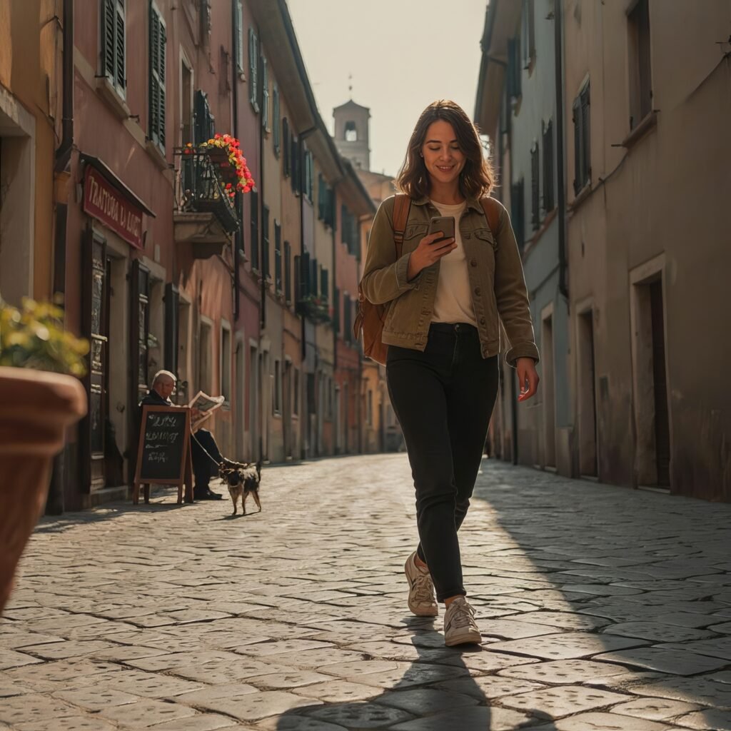 Traveler walking through a European old-town street checking their smartphone, connected abroad via an eSIM data plan