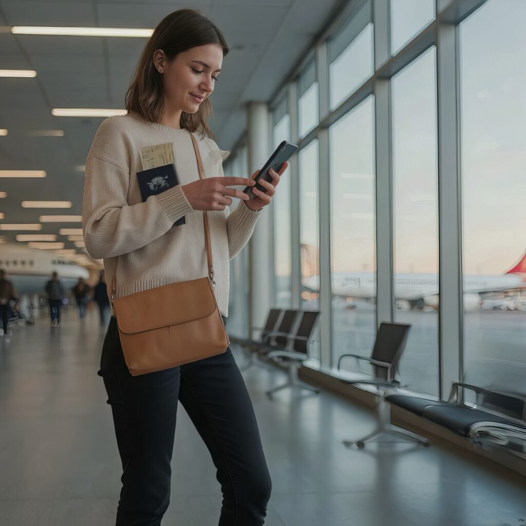Traveler checking a phone with a travel eSIM at an airport gate