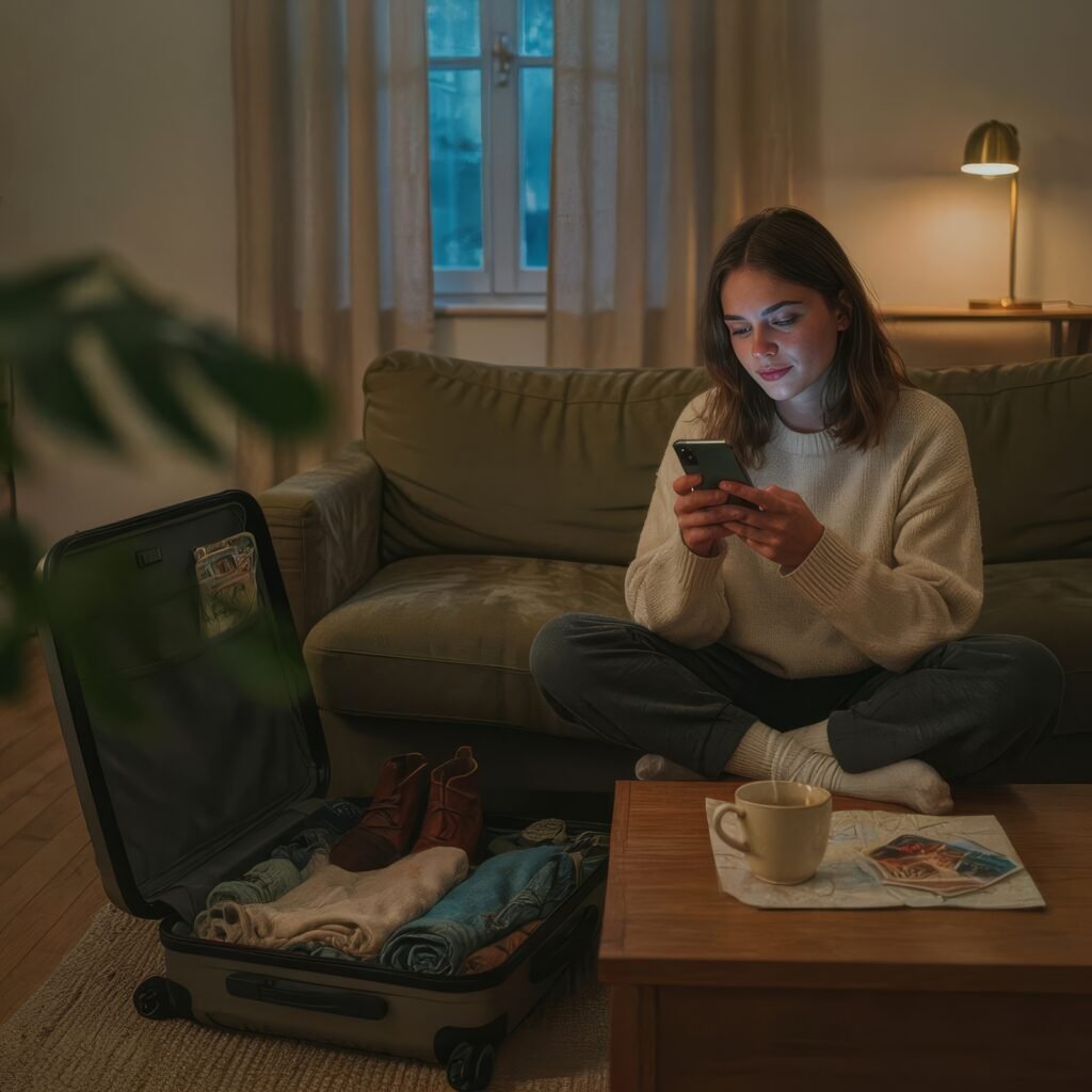Traveler packing a suitcase at home while checking their smartphone to install a travel eSIM plan before departure