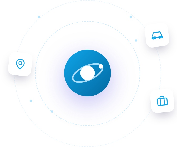 eSIM, car rental, and travel gear icons orbiting the Ultimate Travel Bookings logo