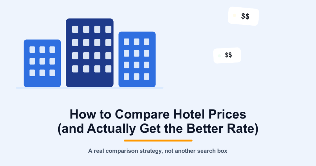 Illustration comparing hotel prices across multiple booking sites, promoting the guide How to Compare Hotel Prices and Actually Get the Better Rate