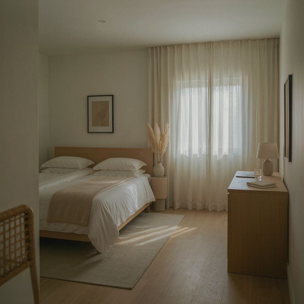 Clean, modern hotel bedroom with a neatly made bed and natural daylight through sheer curtains