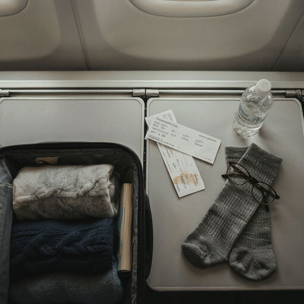 A pair of compression socks and reading glasses next to a passport and water bottle on an airplane tray table