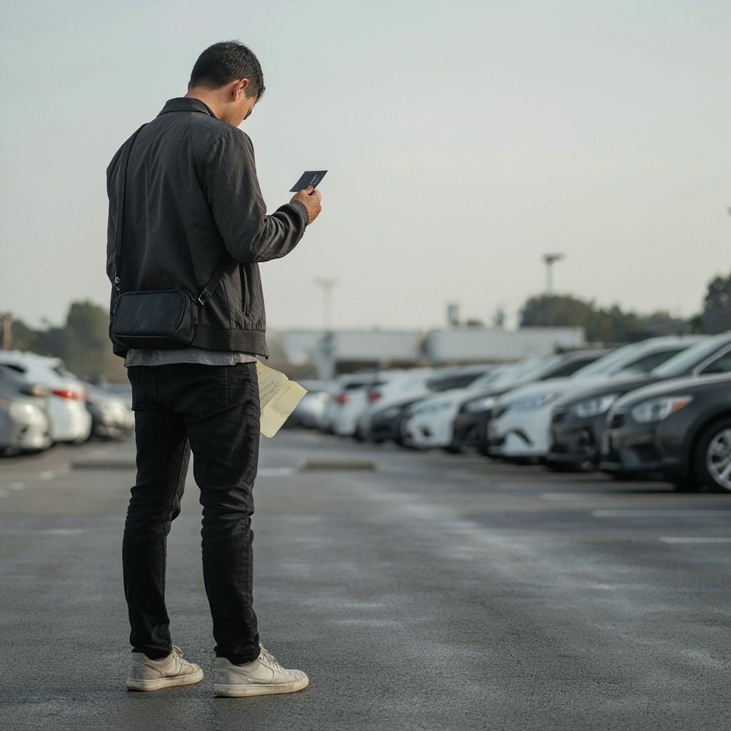 Traveler holding a credit card and rental agreement in a rental car parking lot