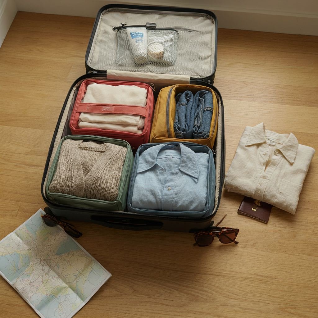 Colorful packing cubes neatly organized inside an open suitcase, folded clothes visible, travel preparation