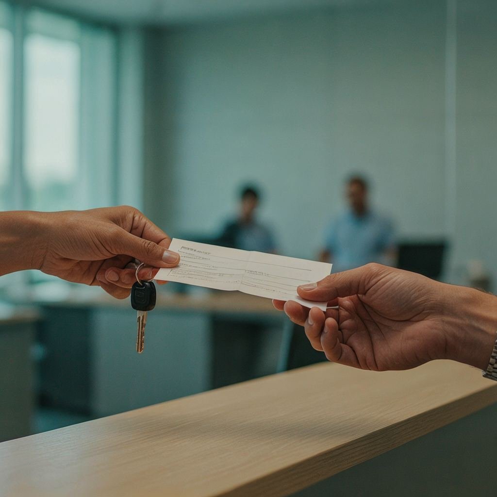 Rental car agent handing over keys and a rental agreement to a customer at the counter