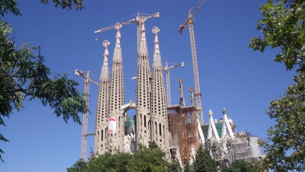 Exterior view of the Sagrada Familia basilica towers in Barcelona